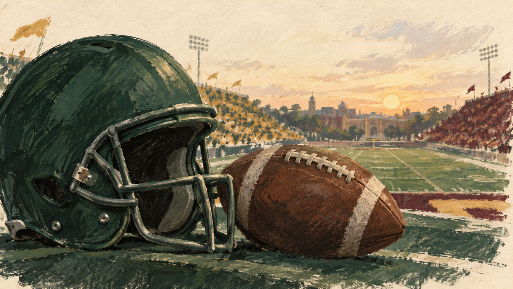 Editorial illustration of American football equipment and a stadium.