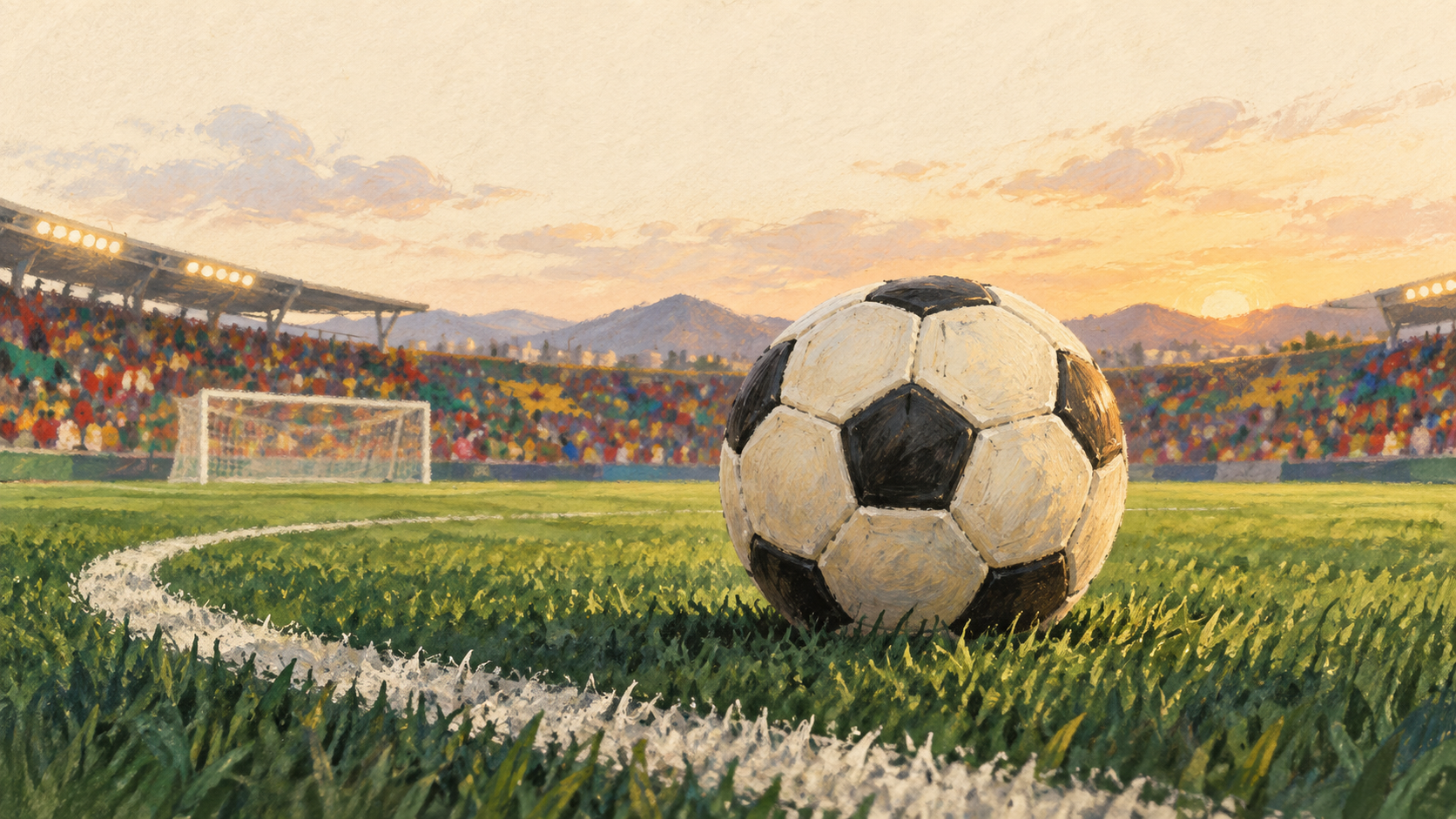 Editorial illustration of a football and a floodlit soccer pitch.