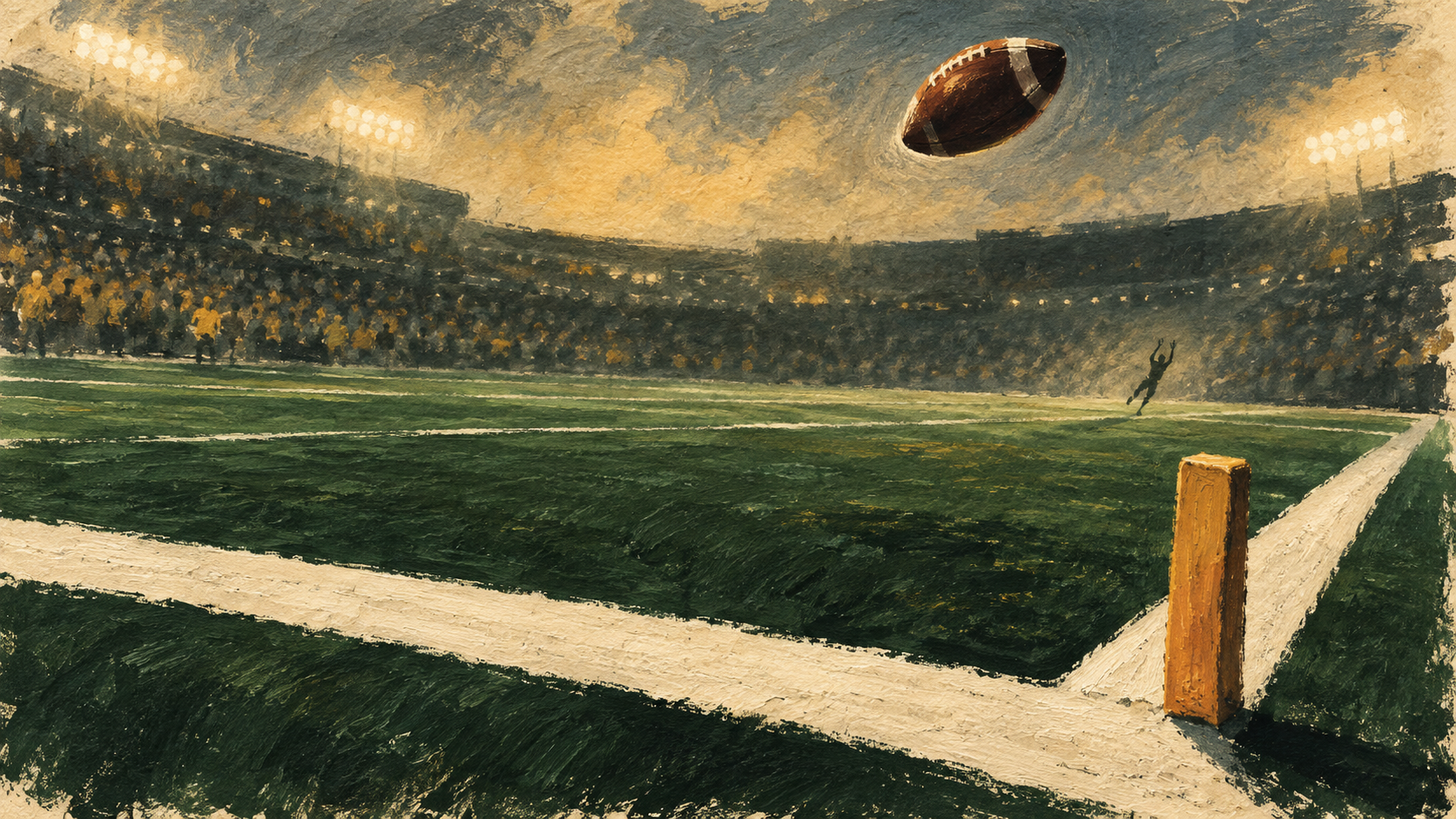 Editorial illustration of an American football field and end zone.